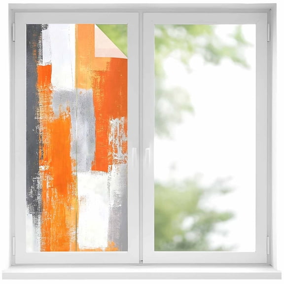 Burnt Orange Grey Privacy Window Film, Decorative Frosted Glass Window Film, Modern Oil Painted Abstract Art Reusable Peel and Stick Static Cling for Home Bathroom Office Glass Door 17.7"x39.3"