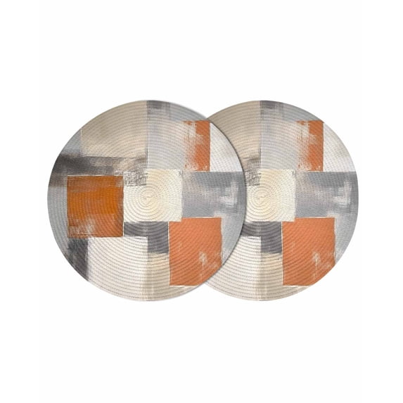 Burnt Orange Grey Round 15 Inch Placemats Set of 2, Modern Abstract Oil Painting HeatResistant Non Slip Place Mats for Dining Table, Wipeable Braided Kitchen Table Mats for Housewarming