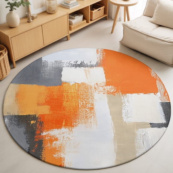 Burnt Orange Grey Round Area Rug 3 Ft,Small Bathroom Rugs Washable Mat,Abstract Geometric Oil Painting Modern Non Slip Circle Indoor Welcome Entry Mat for Kitchen Bedside Dorm Table Home Office Decor
