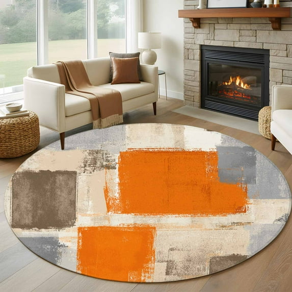 Burnt Orange Grey Round Rug 5ft Washable Circle Kitchen Rugs Non Slip Abstract Modern Oil Painted Geometric Large Area Rug Indoor Floor Carpet for Bedroom Living Room Home Office Dining Room Nursery