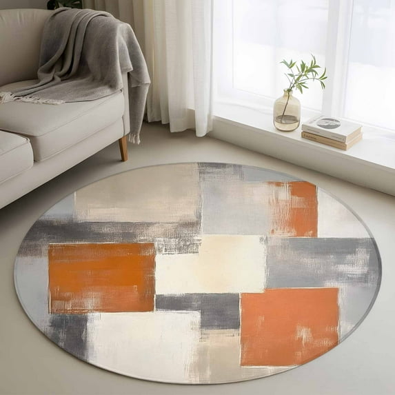Burnt Orange Grey Round Rugs 3.3ft, Oil Painting Modern Abstract Art Non Slip Washable Rug Runner, Low Pile Indoor Floor Carpet Mat Bathroom Rugs for Living Room, Bedroom, Kids Room