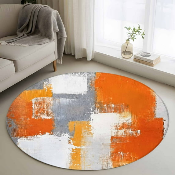 Burnt Orange Grey Round Rugs 4ft, Oil Painting Smear Modern Abstract Art Non Slip Washable Rug Runner, Low Pile Indoor Floor Carpet Mat Bathroom Rugs for Living Room, Bedroom, Kids Room