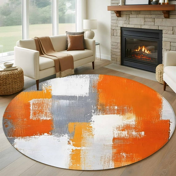 Burnt Orange Grey Round Rugs 8ft, Oil Painting Smear Modern Abstract Art Non Slip Washable Rug Runner, Low Pile Indoor Floor Carpet Mat Bathroom Rugs for Living Room, Bedroom, Kids Room