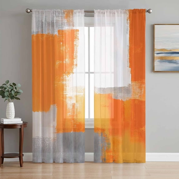 Burnt Orange Grey Semi Sheer Curtains 84 Inch Length 2 Panels Set, Modern Geometric Oil Painted Abstract Sheer Kitchen Curtain Privacy Voile Window Curtain for Living Room Bedroom Rod Pocket Drapes