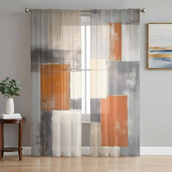 Burnt Orange Grey Semi Sheer Curtains 96 Inch Length 2 Panels Set, Modern Abstract Oil Painting Sheer Kitchen Curtain Privacy Voile Window Curtain for Living Room Bedroom Rod Pocket Drapes