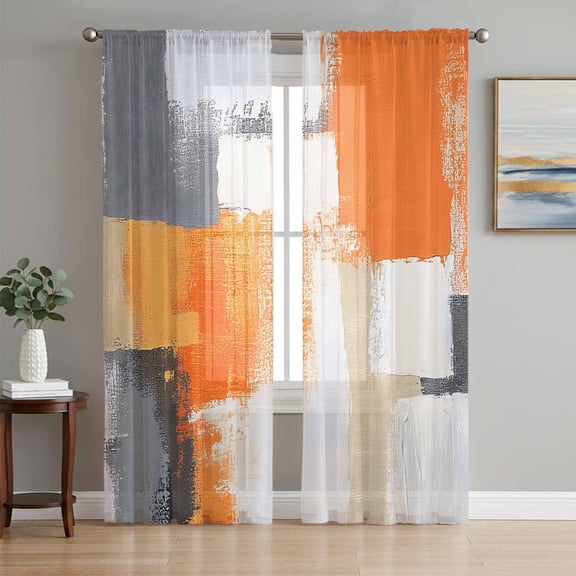 Burnt Orange Grey Sheer Curtains 108 Inch Length 2 Panels Set, Abstract Geometric Oil Painting Modern Voile Window Treatment Semi Sheer Long Curtains Drapes for Bedroom/Living Room/Kitchen 52"x108"x2