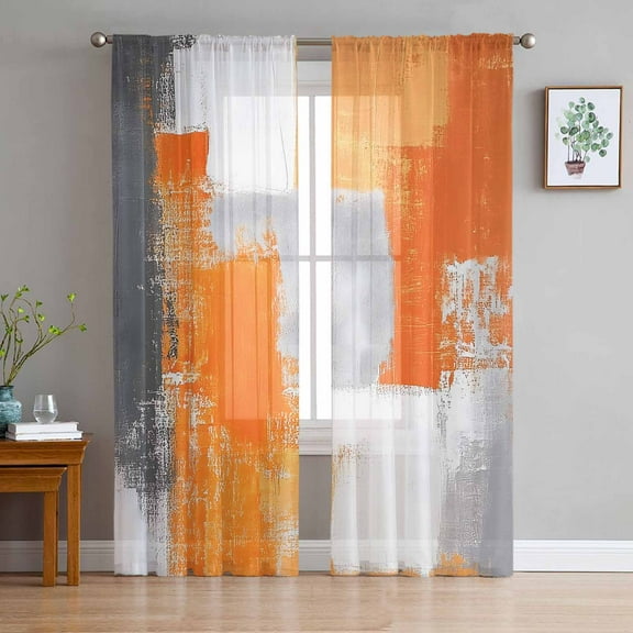 Burnt Orange Grey Sheer Curtains 63 Inches Length 2 Panels Set, Window Sheer Curtains for Living Room/Bedroom, Modern Oil Painted Abstract Art Light Filtering Rod Pocket Curtain 52'' x 63'' x 2