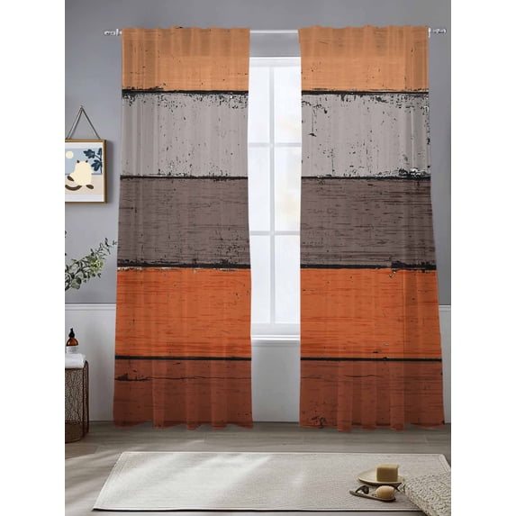 Burnt Orange Grey Sheer Curtains for Living Room Bedroom Vintage Stripe Farmhouse Wood Grain Sheer Curtains 84 Inch Long 2 Panels Set Light Filtering Curtain Window Treatments Drapes for Dining Room