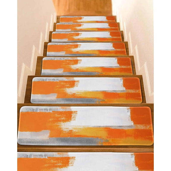 Burnt Orange Grey Stair Treads for Wooden Steps Indoor Runner Rug Carpet, Modern Geometric Oil Painted Abstract 7 Pieces Peel and Stick Staircase Step Treads Covers Washable Throw Door Mats, 30"x8"