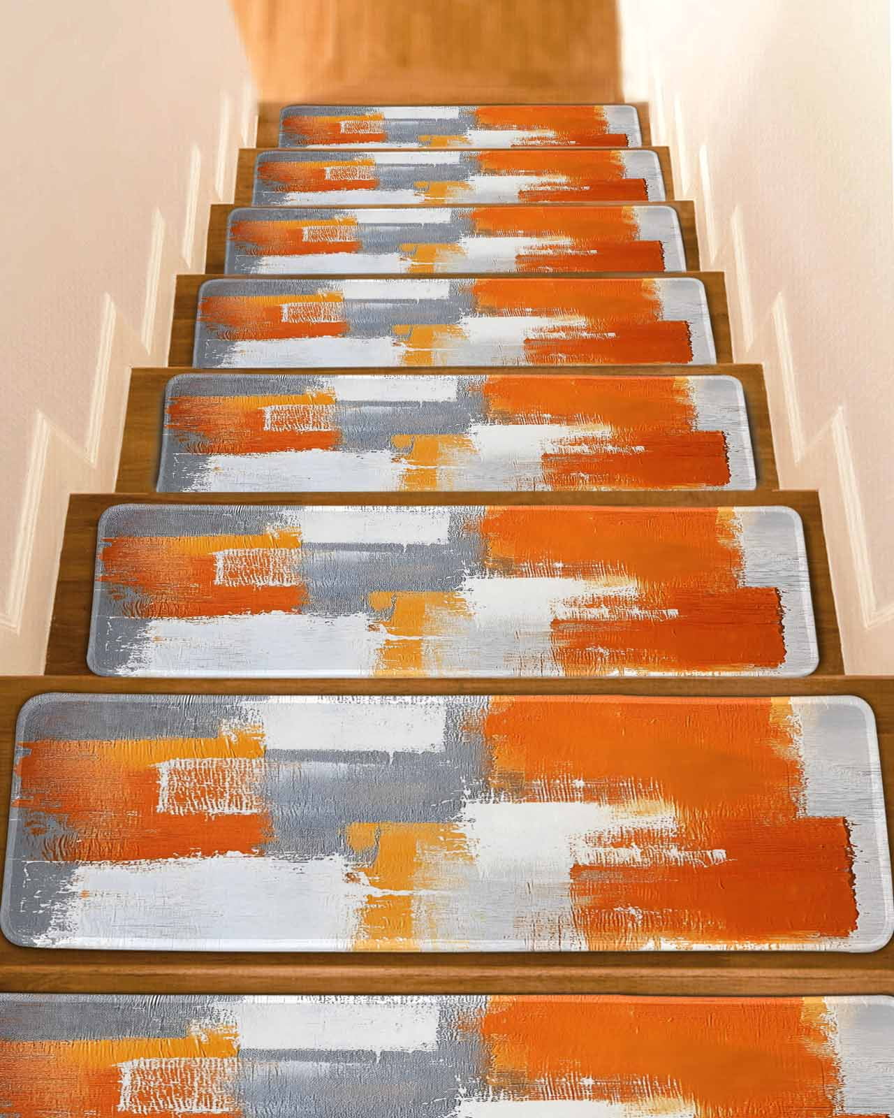 Burnt Orange Grey Stair Treads for Wooden Steps Indoor Runner Rug