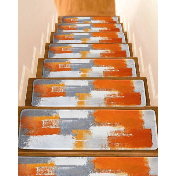 Burnt Orange Grey Stair Treads for Wooden Steps Indoor Runner Rug Carpet, Modern Oil Painted Geometric Abstract 7 Pieces Peel and Stick Staircase Step Treads Covers Washable Throw Door Mats, 30"x8"