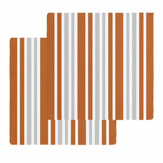 Burnt Orange Grey Stripe Dish Towels Set, Waffle Weave Kitchen Towels 2 Pieces, Farmhouse Minimalist Striped Microfiber Hair Face Bath Tea Towel Absorbent Quick Drying Cleaning Dish Cloths, 12"x12"