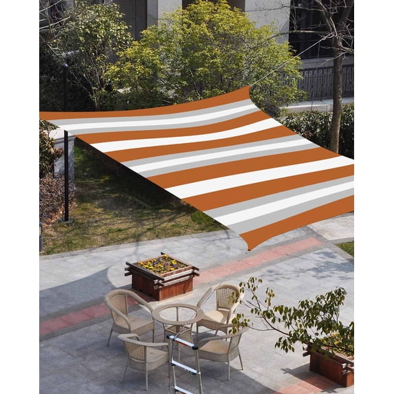 Burnt Orange Grey Stripe Sun Shade Sail 8'x10' Rectangle Outdoor Shade Canopy, Minimalist Farmhouse Striped Porch Shades Outdoor Sun Blocking Screen, Sunshade Cloth Covers for Patio/Deck/Garden