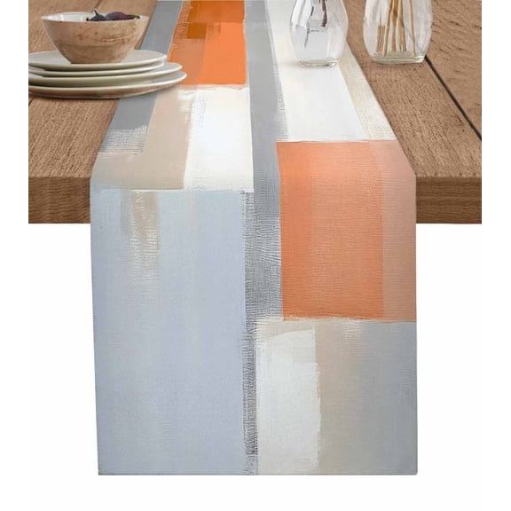 Burnt Orange Grey Table Runner Cotton Linen 108 Inch Holiday Dresser Scarves, Abstract Art Color Block Tablerunner for Kitchen Coffee Dining Bedroom Home Living Room Dinner Scarf Décor 13''x108''