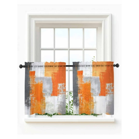 Burnt Orange Grey Tier Curtains 36 Inch Length,Sheer Curtains for Bedroom Living Room Window Modern Oil Painted Abstract Art Rod Pocket Drapes Kitchen Curtains Small Half Window 27.5"x36" 2 Panels