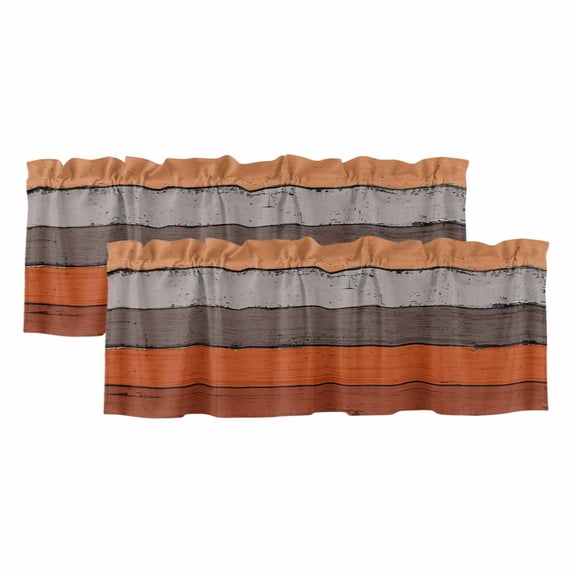 Burnt Orange Grey Valances for Windows, Decorative Rod Pocket Window Valance Curtains, Vintage Stripe Farmhouse Wood Grain Short Curtain Drapes for Kitchen/Living Room, 2 Panels, 42" W x 12" L