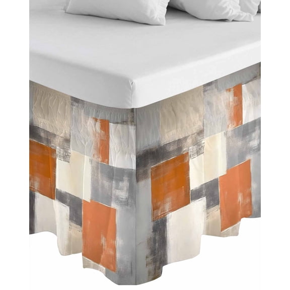 Burnt Orange Grey Wrap Around Bed Skirts for King Bed 18" Drop, Bed Skirt with Adjustable Elastic Belt Dust Ruffle Bed Valance for Bedroom Hotel Luxury Modern Abstract Oil Painting Bed Frame Cover