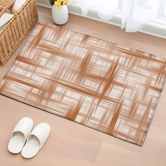 Burnt Orange Grid 2'x3' Washable Rug, Geometric Modern Orange Non-Slip Soft Doormat Area Rugs for Entrance Bathroom Bedsides, Front Doormat Carpet for Kitchen Bedroom, Entryway Floor Mat