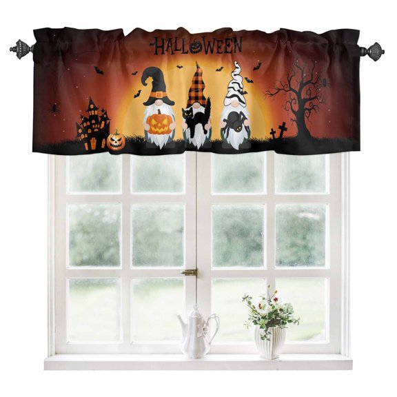 Burnt Orange Halloween Kitchen Valances for Windows 60x18 Inch Kitchen Curtains Valances Rod Pocket Horror Gnomes Pumpkin Black Cat Bathroom Window Valances for Window Treatment Decor