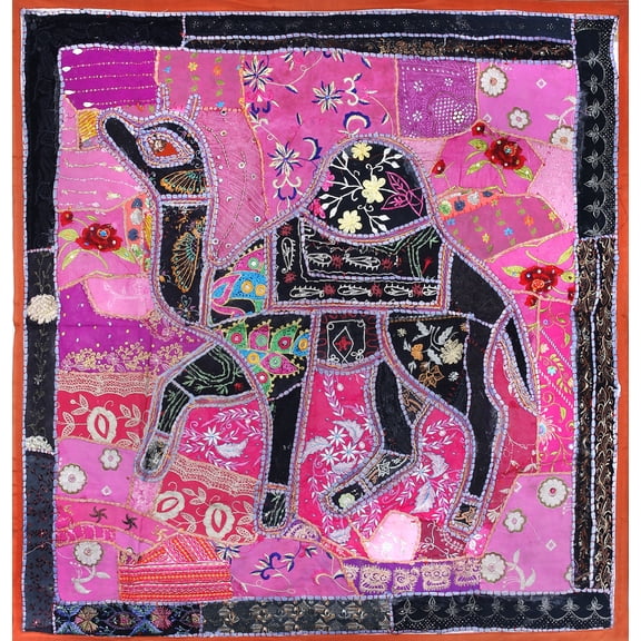 Burnt-Orange Hand-Crafted Embroidered Patchwork Camel Wall Hanging from Gujarat with Sequins
