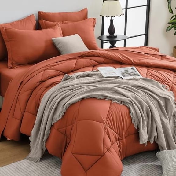Burnt Orange King Comforter Set - 7-Piece All Season Bed in a Bag King, Ultra Soft Bedding Set with Comforter, Flat Sheet, Fitted Sheet, Pillowcases, Pillow Shams