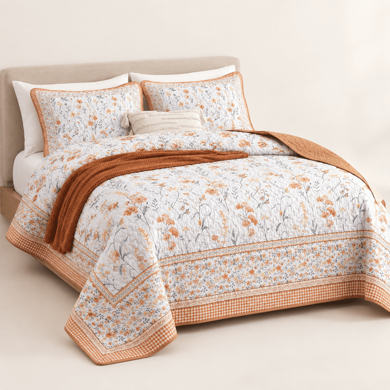 Burnt Orange King Size Floral Microfiber Quilt Bedspread Coverlet Set ...