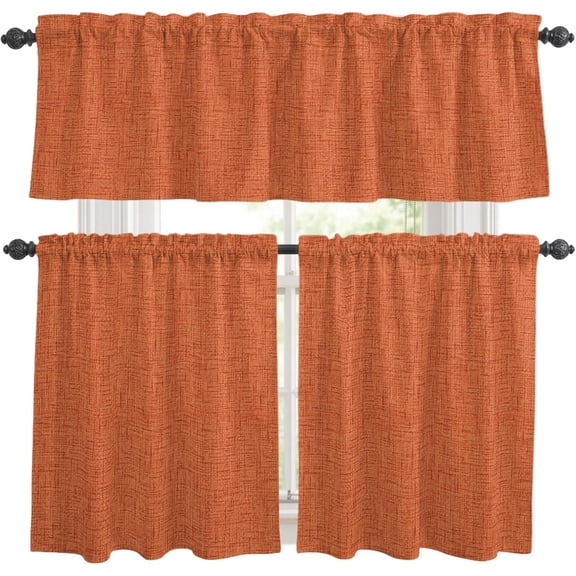 Burnt Orange Kitchen Curtains Set, Tier Curtain 24 Inches Length, Rustic Farmhouse Solid Color Fall Window Treatment Valance and Tiers Set Decor for Living Room/Bedroom