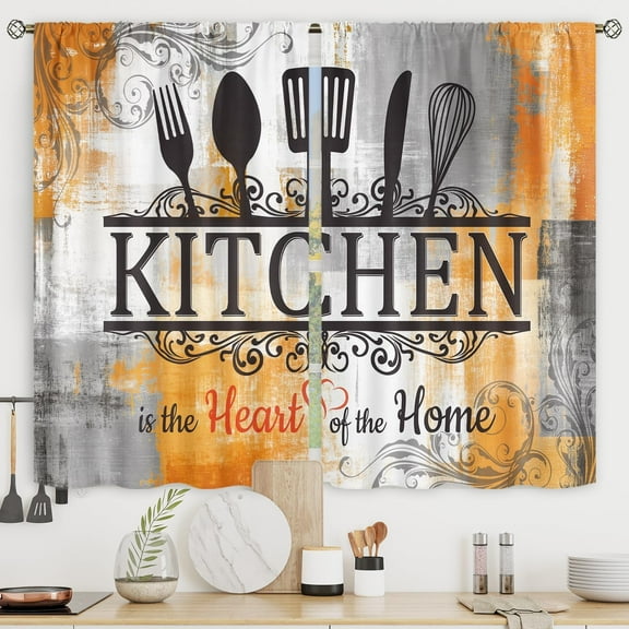 Burnt Orange Kitchen Curtains Short Small Funny Quotes Farmhouse Wooden Plank Wood Knife and Spoon Rod Pocket Black White Bedroom Living Room Treatment Fabric 2 Panels 27.5Wx39H Inch