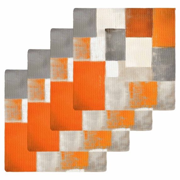 Burnt Orange Kitchen Dish Towels for Drying Dishes Set of 4, Grey Modern Abstract Art Oil Painting Geometric Waffle Weave Microfiber Hand Tea Bathroom Towels Quick Dry & Absorbent Towel 12x12