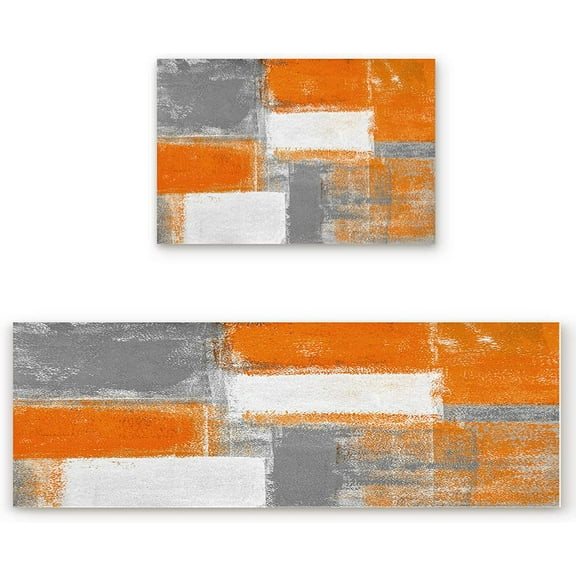 Kitchen Rugs Set of 2 Abstract Art Oil Painting Kitchen Mats Rugs Non Skid Washable Anti Fatiguee Farmhouse Orange Geometric Doormat Carpet for Bedroom Bathroom Living Room 15.7x23.6in+15.7x47.2in