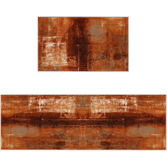 Burnt Orange Kitchen Rugs Set 2 Pieces, Modern Geometric Orange Non-Slip Rubber Backing Floor Mats Doormat Bathroom Runner Area Rug Carpet, Painting Abstracvt Art, 15.7x23.6in + 15.7x47.2in