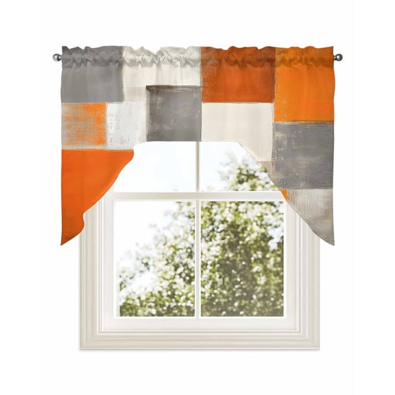 Burnt Orange Kitchen Swag Valance for Window,Rod Pocket Short Kitchen Curtains&nbsp;36 Inch Length,Grey Modern Abstract Art Oil Painting Geometric Swag Topper Small Window Treatment for Cafe Bathroom
