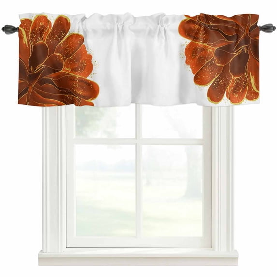 Burnt Orange Kitchen Valances for Windows, Sparkle Gold Stained Floral Flower Art Bathroom Window Valances 54x18 Inch Rod Pocket Window Treatments Valance Curtains for Living Room Bedroom Decor