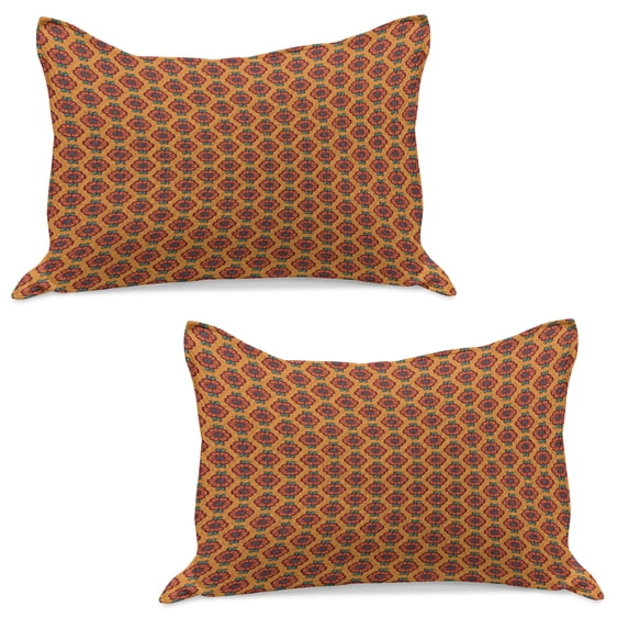Burnt Orange Knitted Quilt Pillowcover Set of 2, Abstract Flourishing Nature Pattern with Blooming Petals and Foliage Leaves, Standard Queen Pillow Sham Bedroom, 30" x 20", Multicolor, by Ambesonne