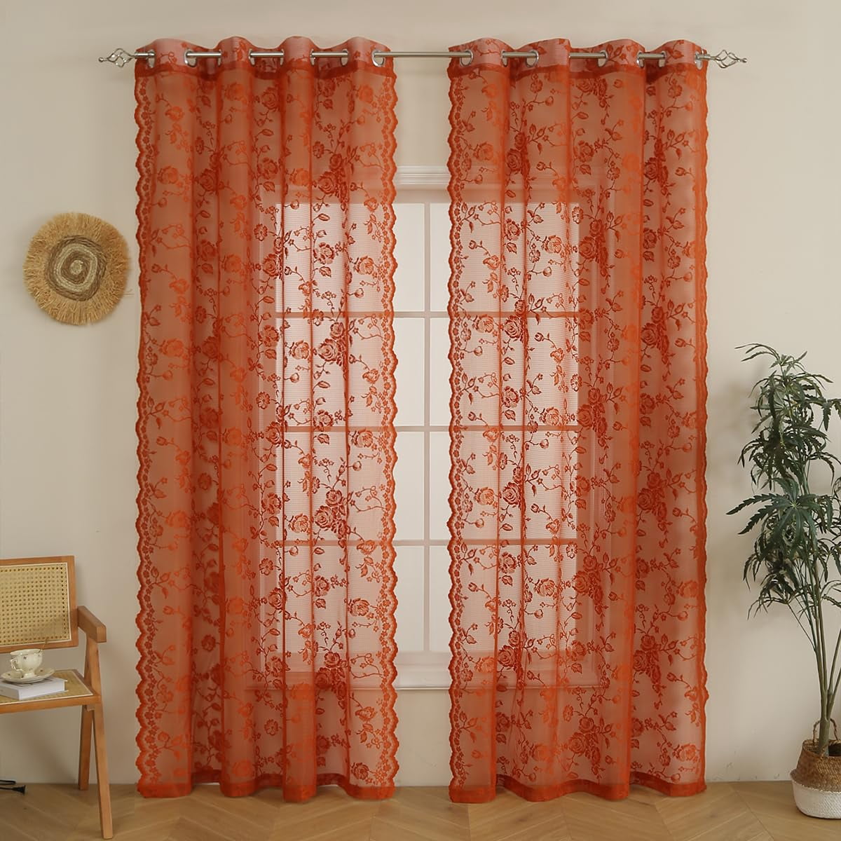 Burnt Orange Lace 63 Inches Long-Romantic Flowers Light Filtering ...
