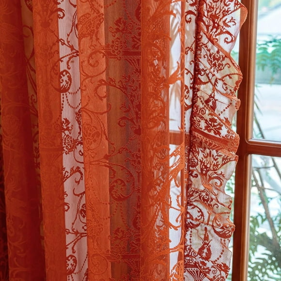 Burnt Orange Lace Curtains for Living Room 2 Panels - Vibrant Floral Branch Ruffle Sheer Terracotta Curtains, Boho Rod Pocket Bright Privacy Autumn Window Treatments, 59W x 84L, Terracotta