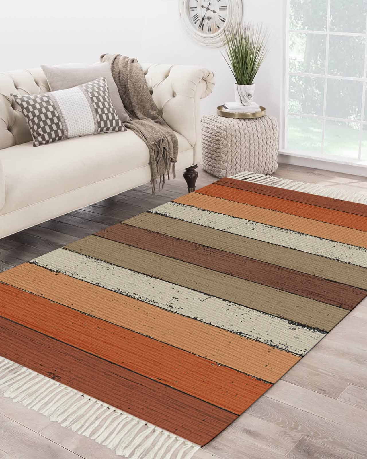 Burnt Orange Large Area Rug 4x6ft Woven Runner Rug,Farmhouse Wood Grain