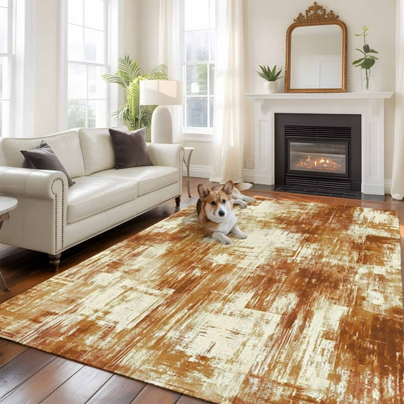 Burnt Orange Large Area Rugs 6x9 ft Modern Abstract Gradient Orange Geometric Texture Washable Rug Non Slip Indoor Carpet Absorbent Floor Mat for Living Room Bedroom Dining Room