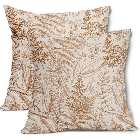 Burnt Orange Leaf Plant Pillow Covers 16X16 Inch Herbs Botanical Fern Vintage Leaves Floral Decorative Pillow Cases Set of 2 Throw Pillows Farmhouse Home Decor for Sofa Couch Cushion Outdoor