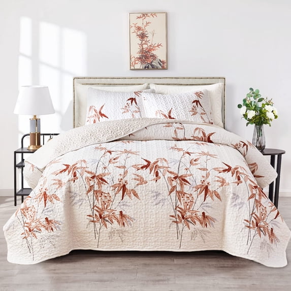 Burnt Orange Leaves Queen-90" x 90" (1 Quilt + 2 Pillow Shams) Botanical Quilt Set