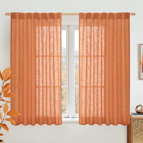 Burnt Orange Linen Curtains 54 Inch Length 2 Panels, Light Filtering Panels Back Tab and Rod Pocket Country Decor Drapes for Bathroom/Window/Bedroom, 52 x 54 Inch