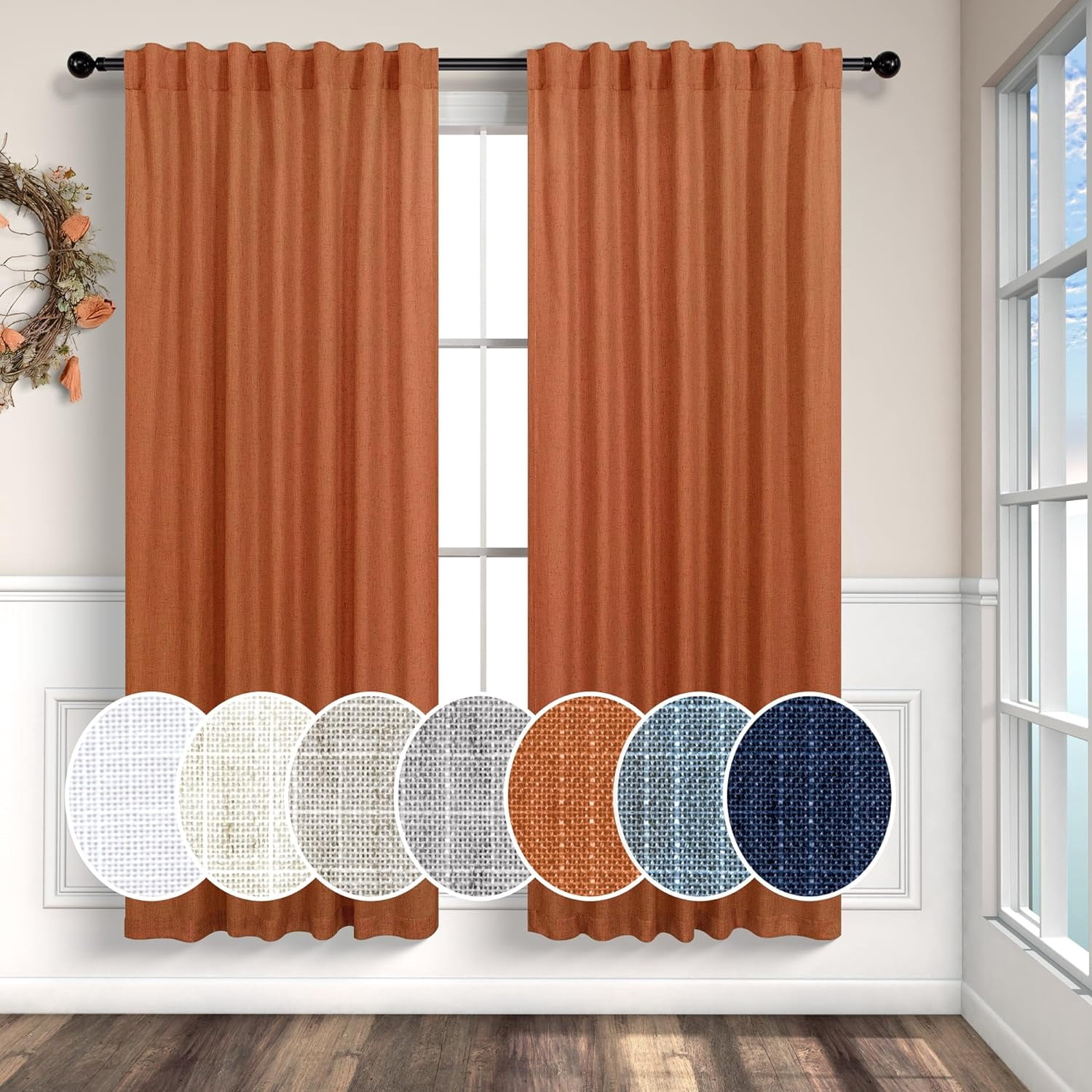 Burnt Orange Linen Curtains 63 Inch Length for Bedroom 2 Panels Set ...