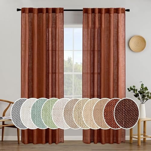 Burnt Orange Linen Curtains 84 Inch Length 2 Panels for Bedroom Living Room, Soft Thick Linen Textured Window Drapes Semi Sheer Light Filtering Back Tab Rod Pocket Burlap Look Fall Decorations