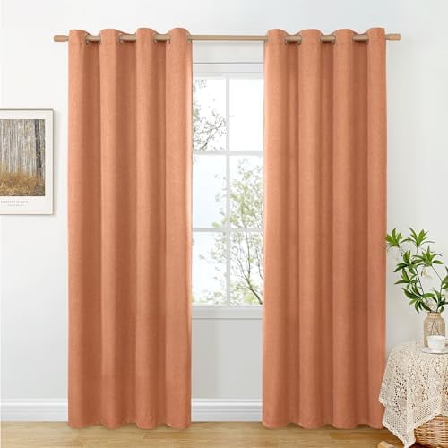 Burnt Orange Linen Fall Curtains for Living Room 84 Inch Length, Terracotta Window Treatments Grommet Light Filtering Drapes Rustic Privacy for Bedroom, Each 52 Inch Wide