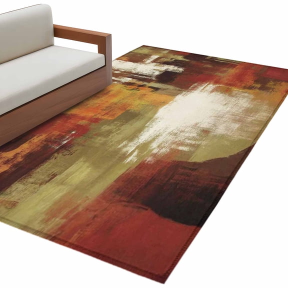 Burnt Orange Living Room Rug 4x6 Washable Area Rug for Bedroom, Non-Slip Dining Room Rugs Fall Modern Oil Painting Abstract Art Green Brown Indoor Carpet for Kitchen Entryway Office Nursery Laundry