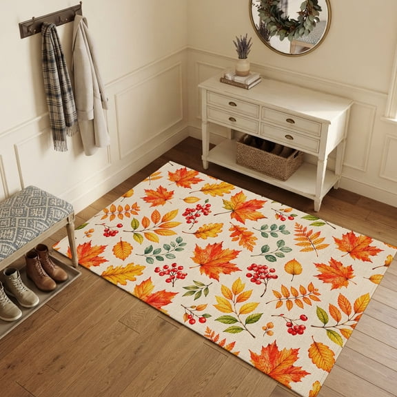 Burnt Orange Maple Area Rugs 4'x6', Washable Small Throw Rugs for Office Bathroom, Fall Thanksgiving Leaves Berries Beige Indoor Outdoor Rug Non-Slip Low Pile Carpet Runner Reversible Floor Mats
