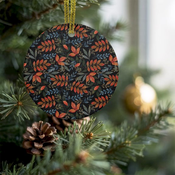 Burnt Orange Maple Leaves Autumn Christmas Ceramic Ornament 2026,3" Round Xmas Tree Hanging Accessories with Gold Ribbon,Retro Pendant Ornaments for Holiday Gift Home Party Decor