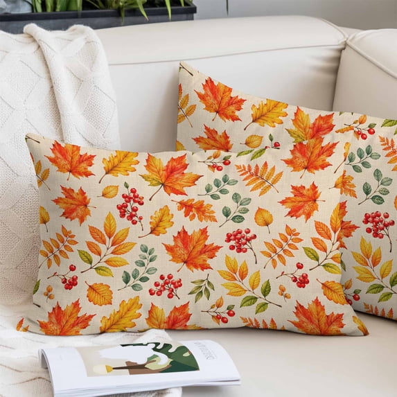 Burnt Orange Maple Pillow Covers 24"x36", Fall Thanksgiving Leaves Berries Beige Soft Brushed Microfiber Breathable Throw Pillow Covers, Decorative Pillowcase with Zipper for Sofa Couch Bedroom