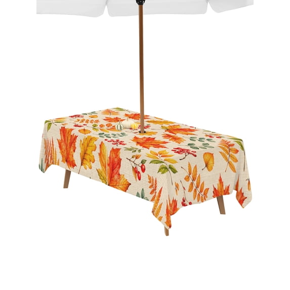 Burnt Orange Maple Table Cloth Rectangle Outdoor Tablecloth, Fall Thanksgiving Leaves Berries Beige Waterproof Wrinkleproof Table Cover with Umbrella Hole and Zipper for Party/Dining/Patio 54x80 Inch