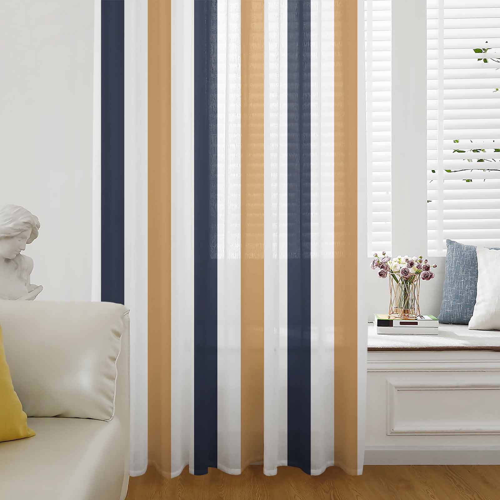 Burnt Orange Navy Blue Striped Semi Sheer Curtains Drapes for Living
